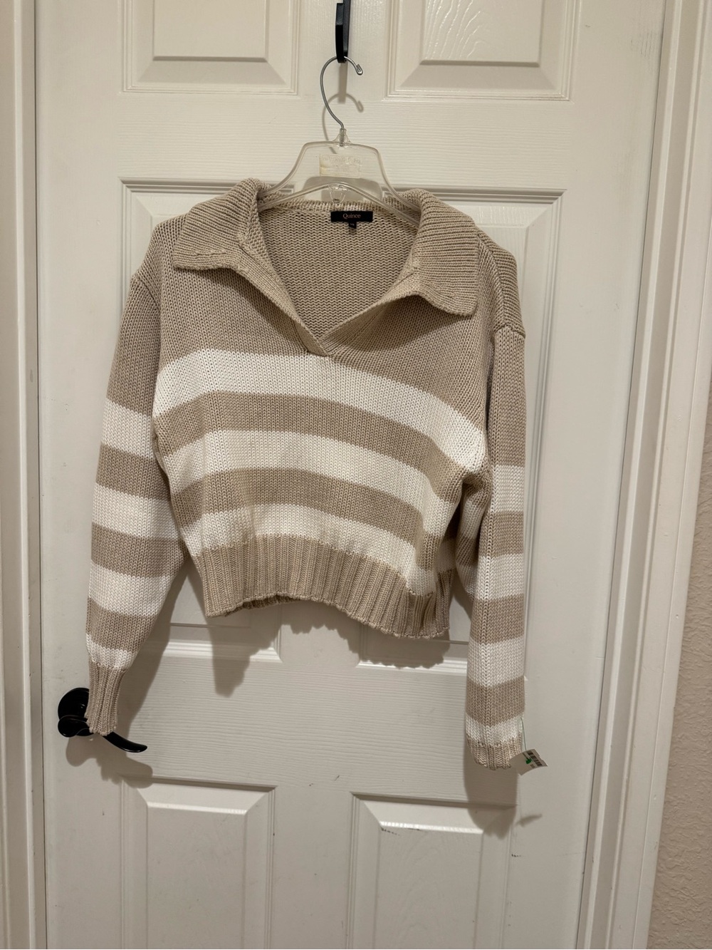 Quince Beige & White Striped V‑Neck Collared Sweater